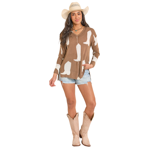 BW32T08118 Rock & Roll Women's Boot Print Long Sleeve Knit Sweater Top - Brown