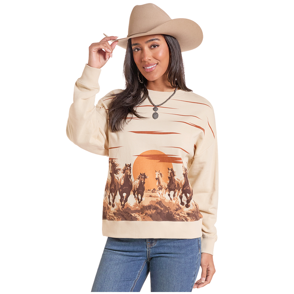 BW91T09988 Rock & Roll Women's Long Sleeve Pullover - Natural with Running Horses