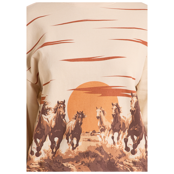 BW91T09988 Rock & Roll Women's Long Sleeve Pullover - Natural with Running Horses