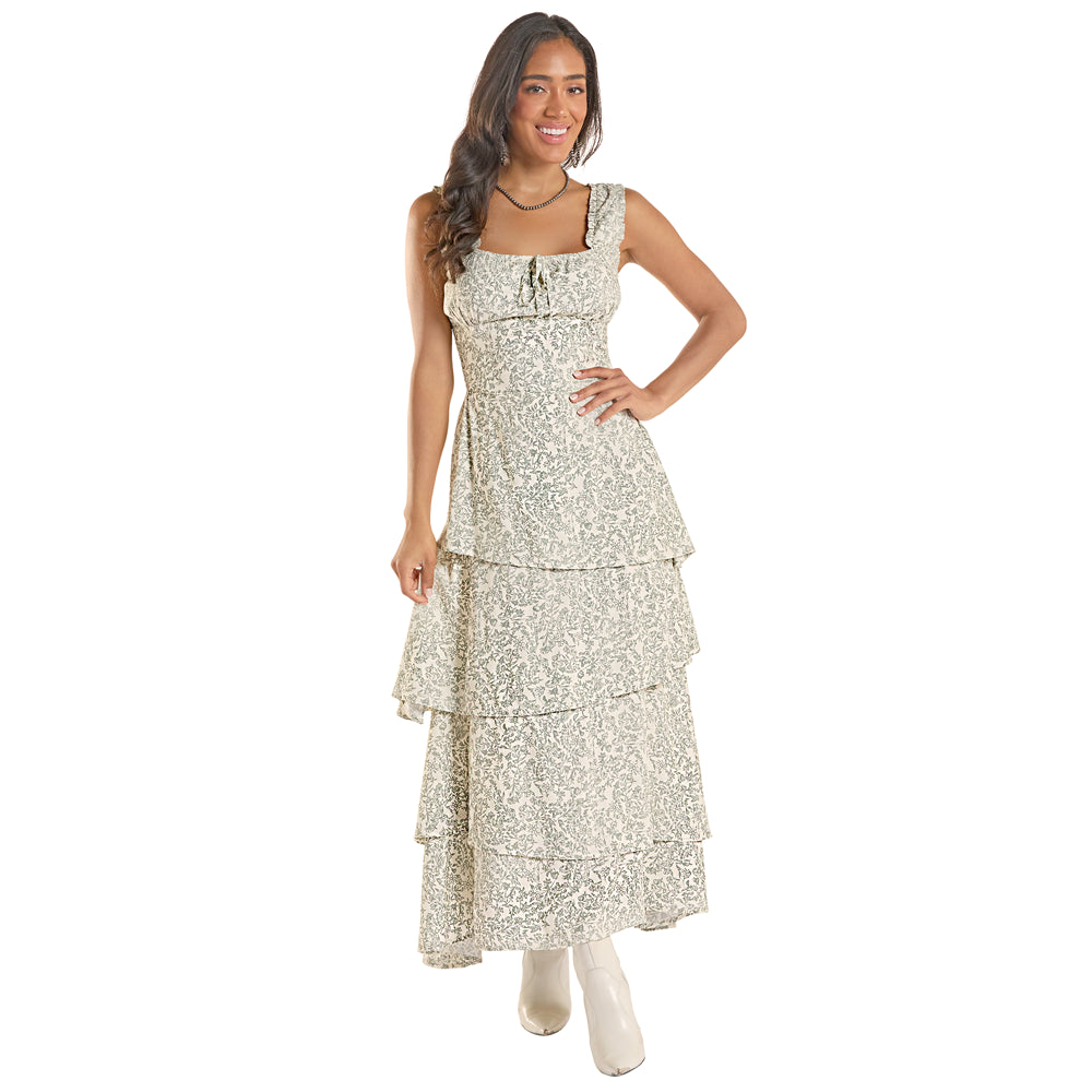 BWD0R08774 Rock & Roll Women's Flower Print Tiered Dress in Jade