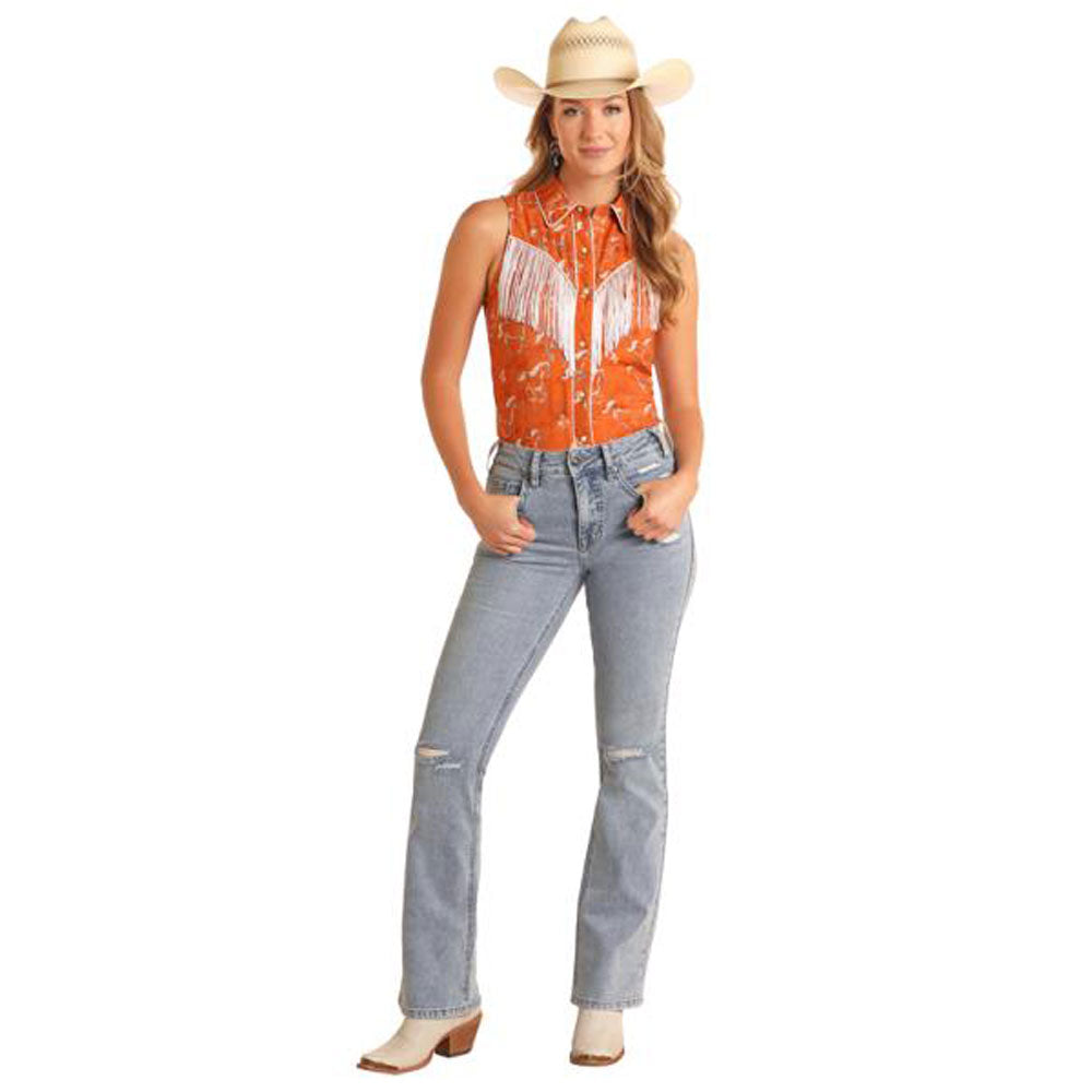 BWN0S05908 Rock & Roll Women's Sleeveless Horse Print Snap Shirt - Burnt Orange