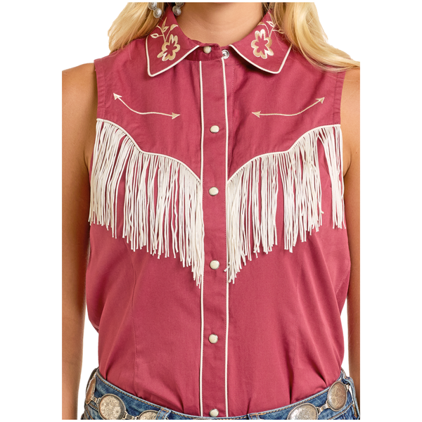 BWN0S06682 Rock & Roll Women's Sleeveless Embroidered Retro Snap Shirt - Wine