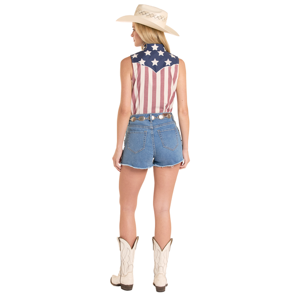 BWN0S08656 Rock & Roll Women's Americano Sleeveless Snap Shirt - Blue