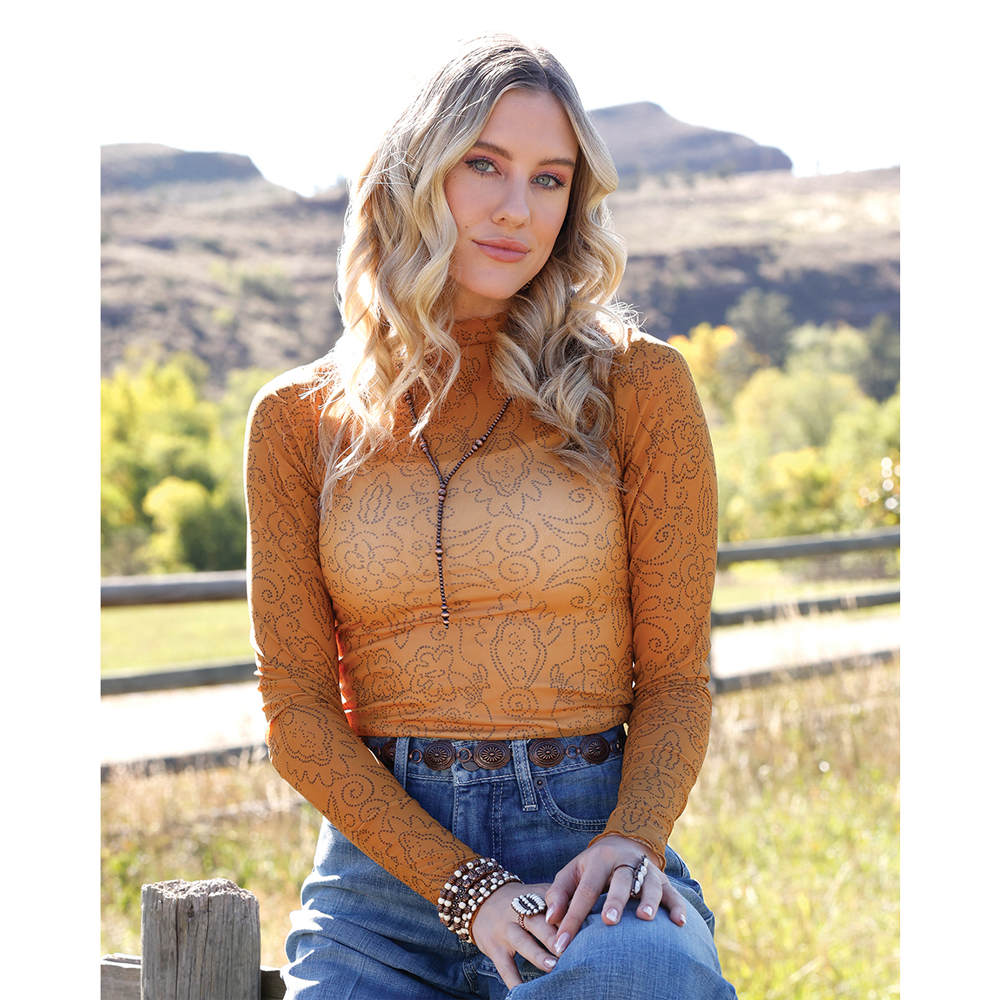 CTK7485007 Cruel Girl Women's Long Sleeve Mesh Top - Gold