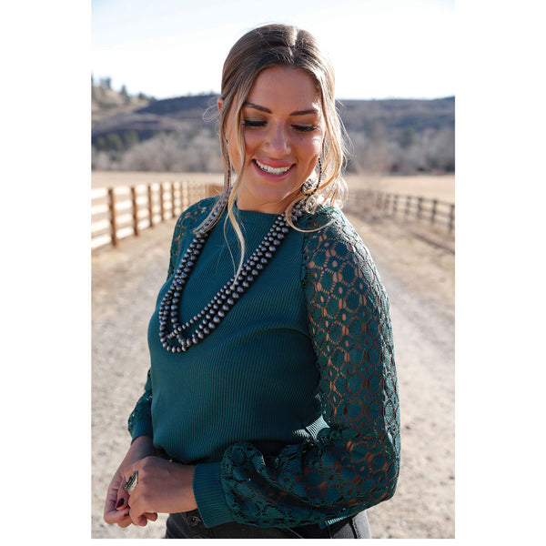 CTK7493003 Cruel Girl Women's Knit Top with Crocheted Sleeves - Forest