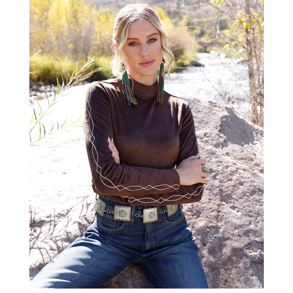 CTK7549001 Cruel Girl Women's Faux Suede Long Sleeve Top - Brown