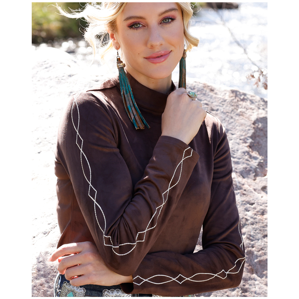 CTK7549001 Cruel Girl Women's Faux Suede Long Sleeve Top - Brown