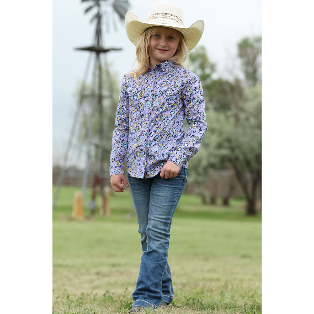 CTW3230055 Cruel Girl Girls' Long Sleeve Western Snap Shirt - Lilac Print