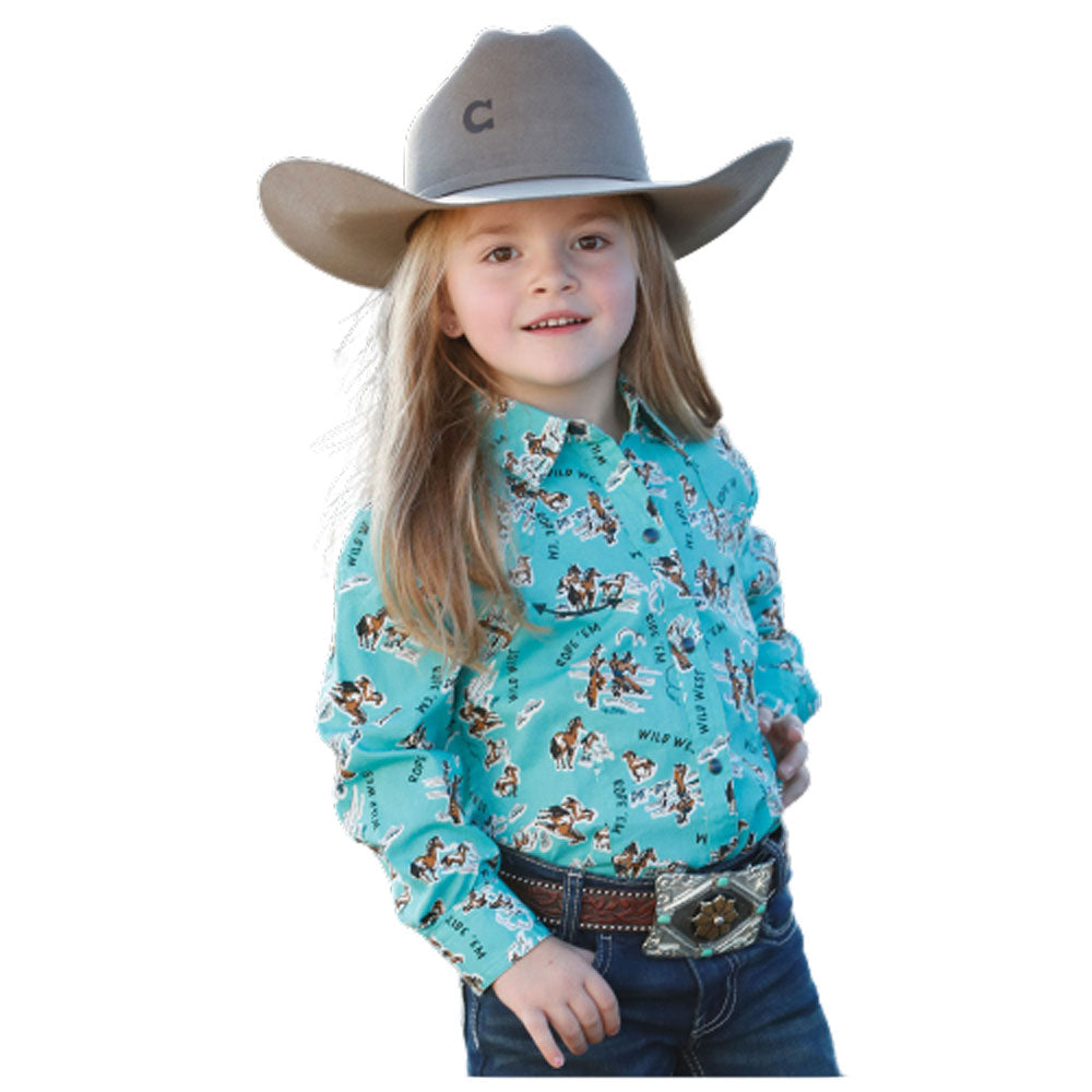 CTW3370017 Cruel Girl Girls' Long Sleeve Western Snap Shirt - Turquoise Cowgirl Print