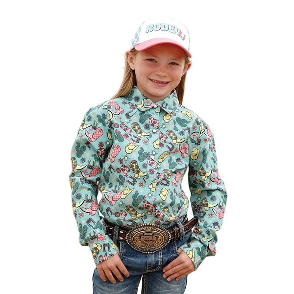 CTW3370032 Cruel Girl Girls' Long Sleeve Western Snap Shirt - Blue Western Print