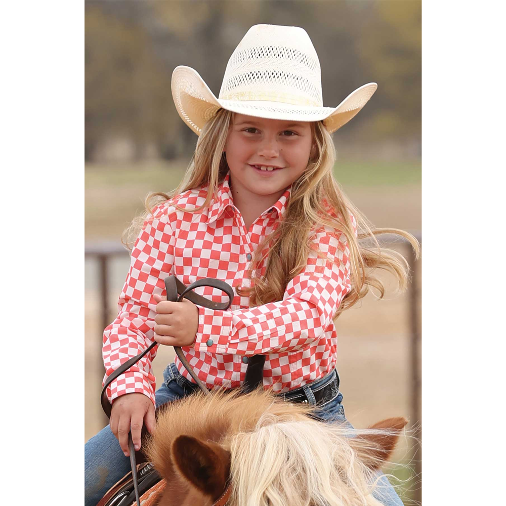 CTW3371001 Cruel Girl Girls' Long Sleeve Western Snap Shirt - Coral Checkered Print