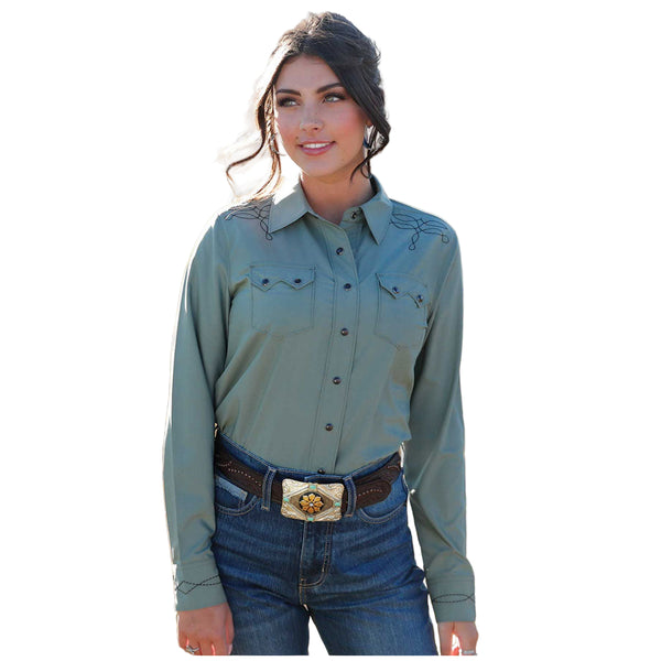 CTW7501002 Cruel Girl Women's Long Sleeve Western Embroidered Snap Shirt - Green