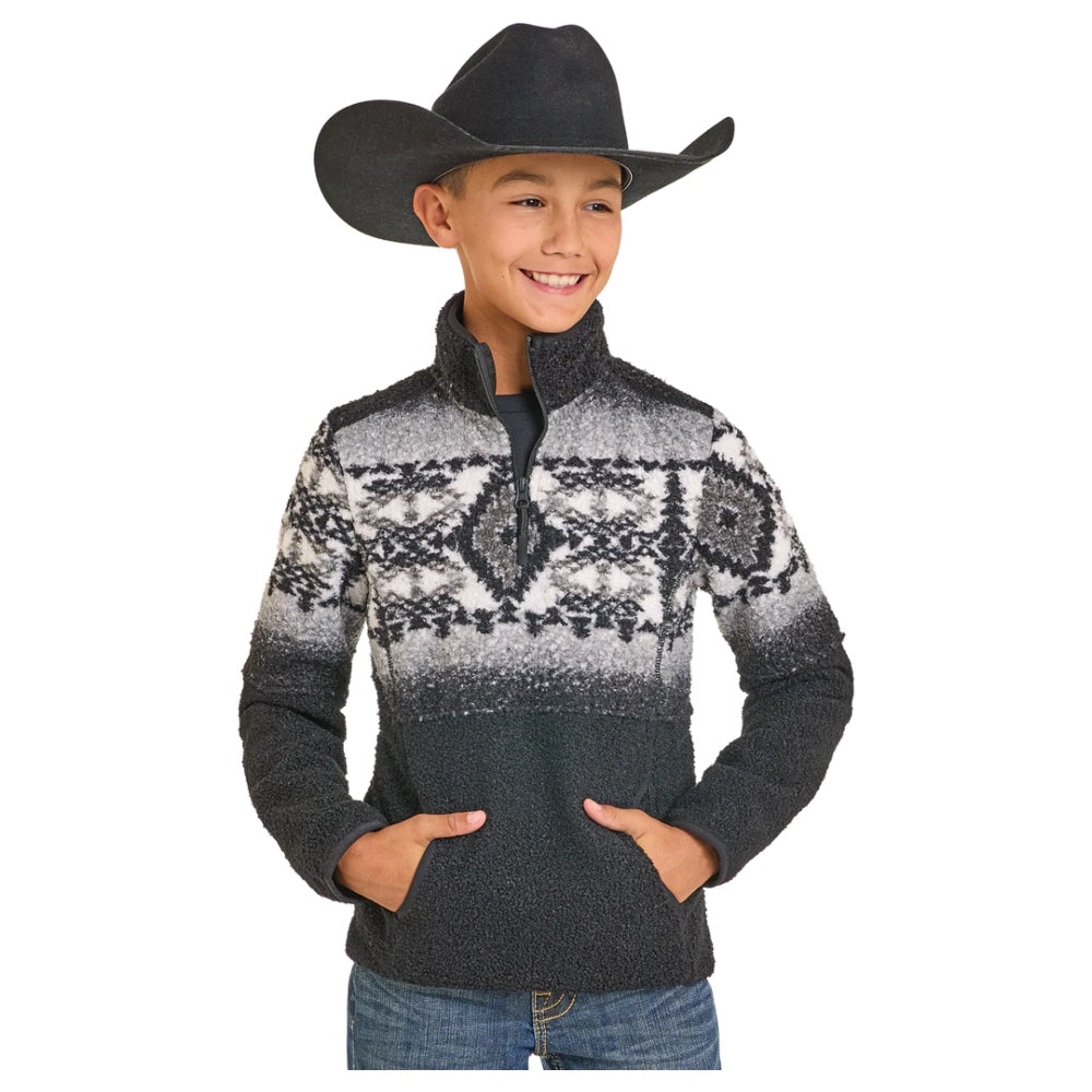 DB91C06185 Panhandle Slim Boy's Border Print Fleece Pullover - Black
