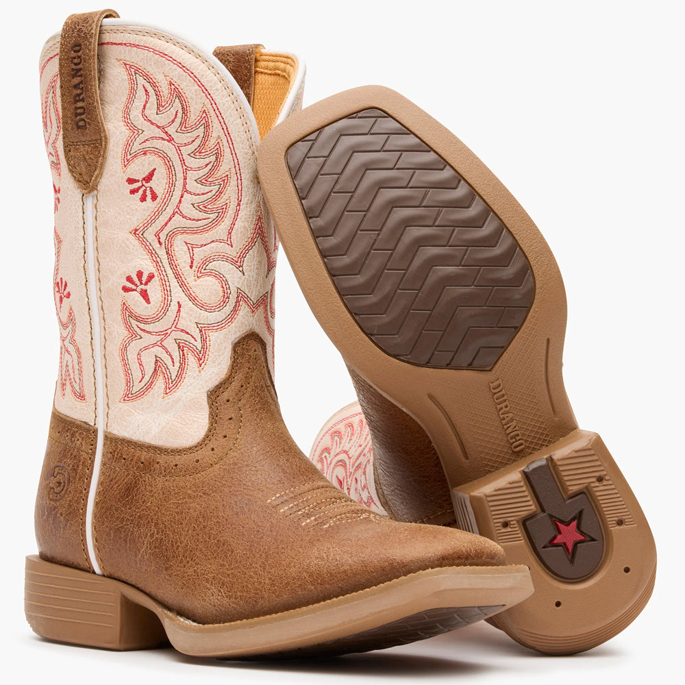 DBT0253Y Durango Youth Shyloh Wide Square Toe Cowboy Boot -  Honey Tan / Metallic Peach