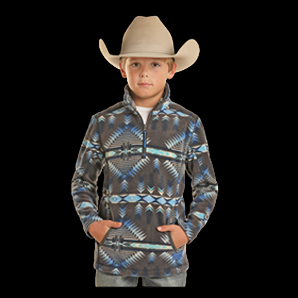DK91C01823 Powder River Boys Navajo Print Fleece Pullover- Charcoal and Blue