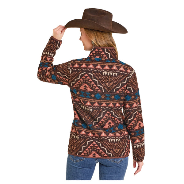 DW91C06864 Panhandle Slim Powder River Women's Aztec Berber 1/4 Zip Pullover - Chocolate