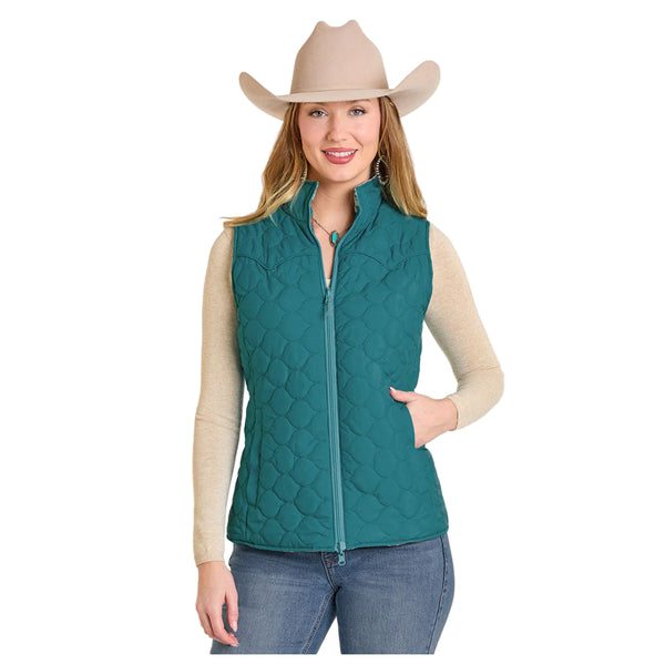 DW98C06848 Panhandle Slim Powder River Outfitters Women's Aztec Reversible Quilted Vest - Turquoise