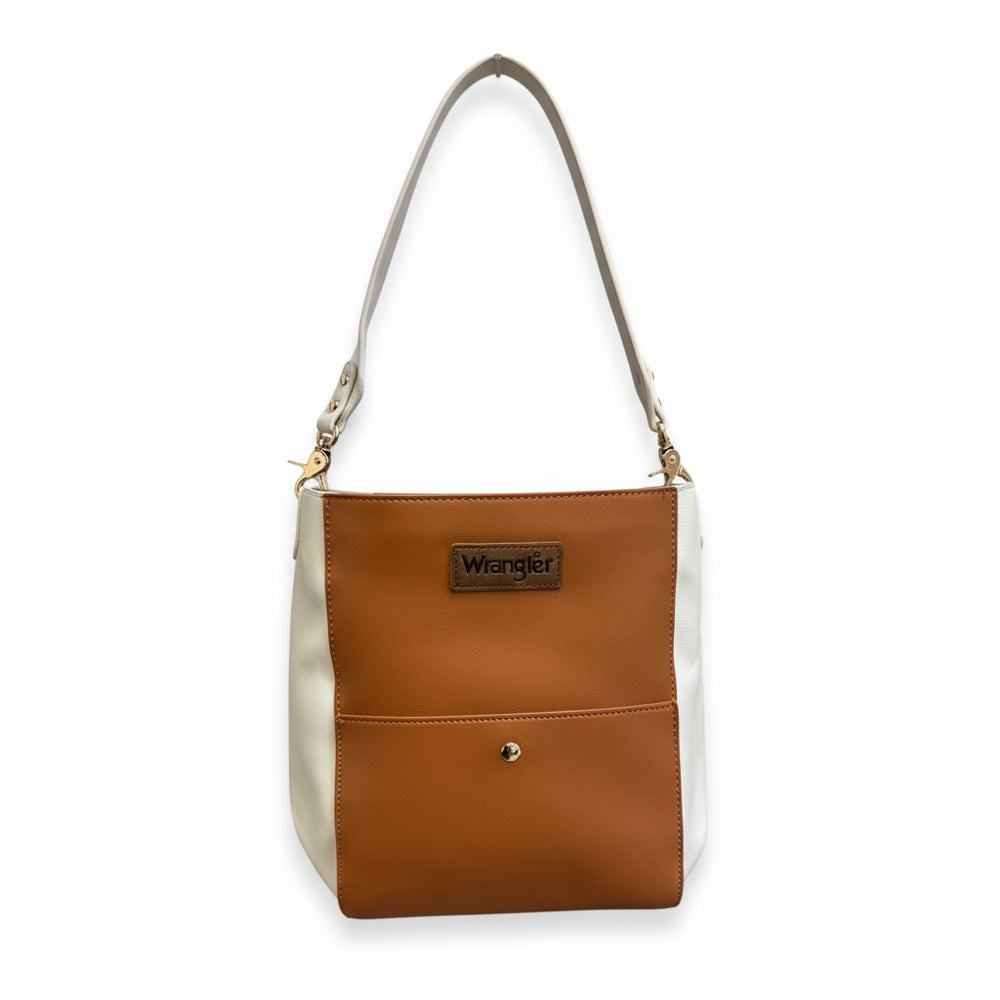 WRS-1022 Wrangler 2 Tone Color Block Shoulder Bag / Crossbody Purse -Brown & Off White