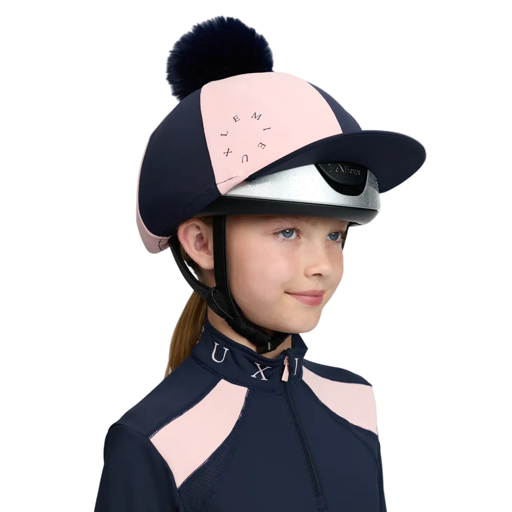 IT09522 LeMieux Harlequin 2 Tone Pom Hat Silk Helmet Cover - Navy / Petal
