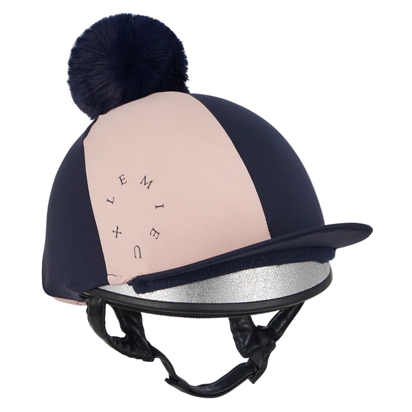 IT09522 LeMieux Harlequin 2 Tone Pom Hat Silk Helmet Cover - Navy / Petal