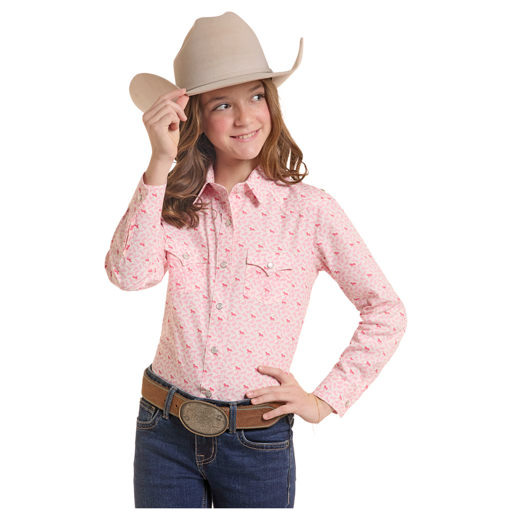 LGN2S10390 Panhandle Slim Girls' Long Sleeve Western Snap Shirt - Rose/Mauve