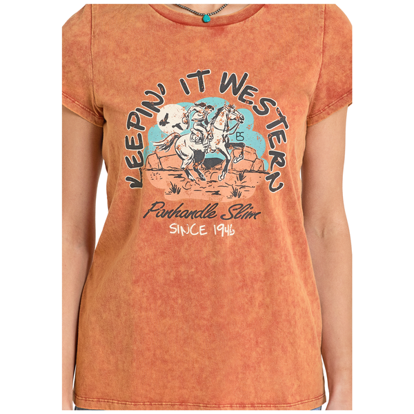 LW21T08534 Panhandle Slim Women's Keepin' It Western Short Sleeve T-Shirt - Burnt Orange