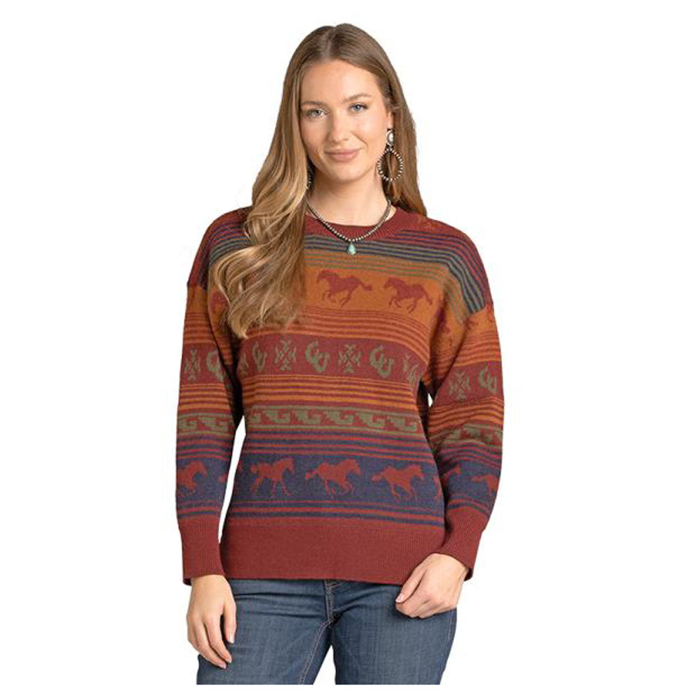 LW32T07120 Panhandle Women's Long Sleeve Oversized Horse Serape Sweater - Rust