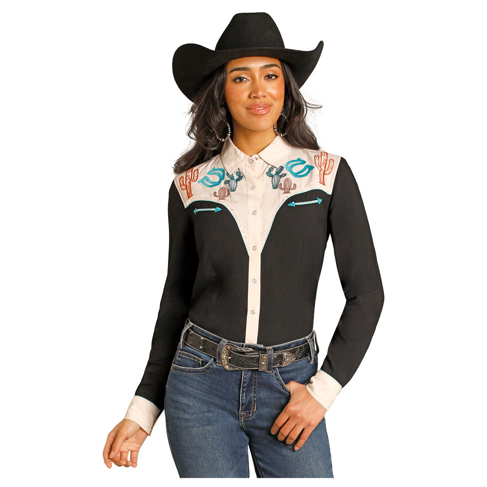 LWN2S07913 Panhandle Slim Women's Black Retro Long Sleeve Snap Shirt -Black