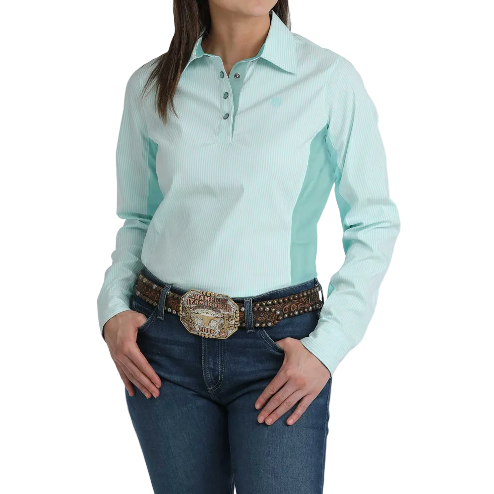 MSW7916001 Cinch ArenaFlex Women's Pull Over Quarter Snap Western Shirt -Mint Green Stripe