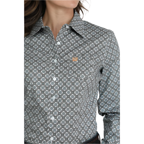 MSW9164252 Cinch Women's Long Sleeve Button Up Western Shirt - White & Blue Medallion Print