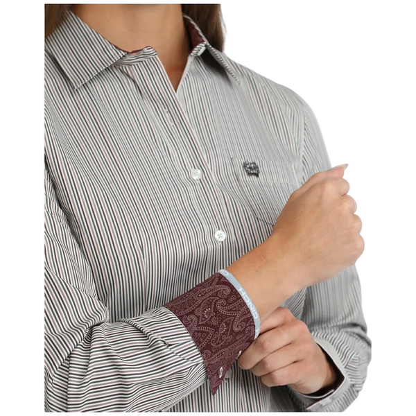 MSW9164282 Cinch Women's Long Sleeve Button Up Western Shirt - White with Stripes