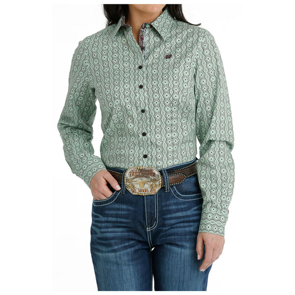 MSW9165043 Cinch Women's Long Sleeve Stripe Western Shirt - Green Print