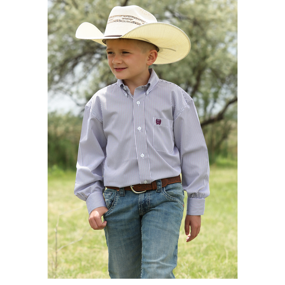 MTW7060421 Cinch Boys' Long Sleeve Button Down Western Shirt - White Stripe