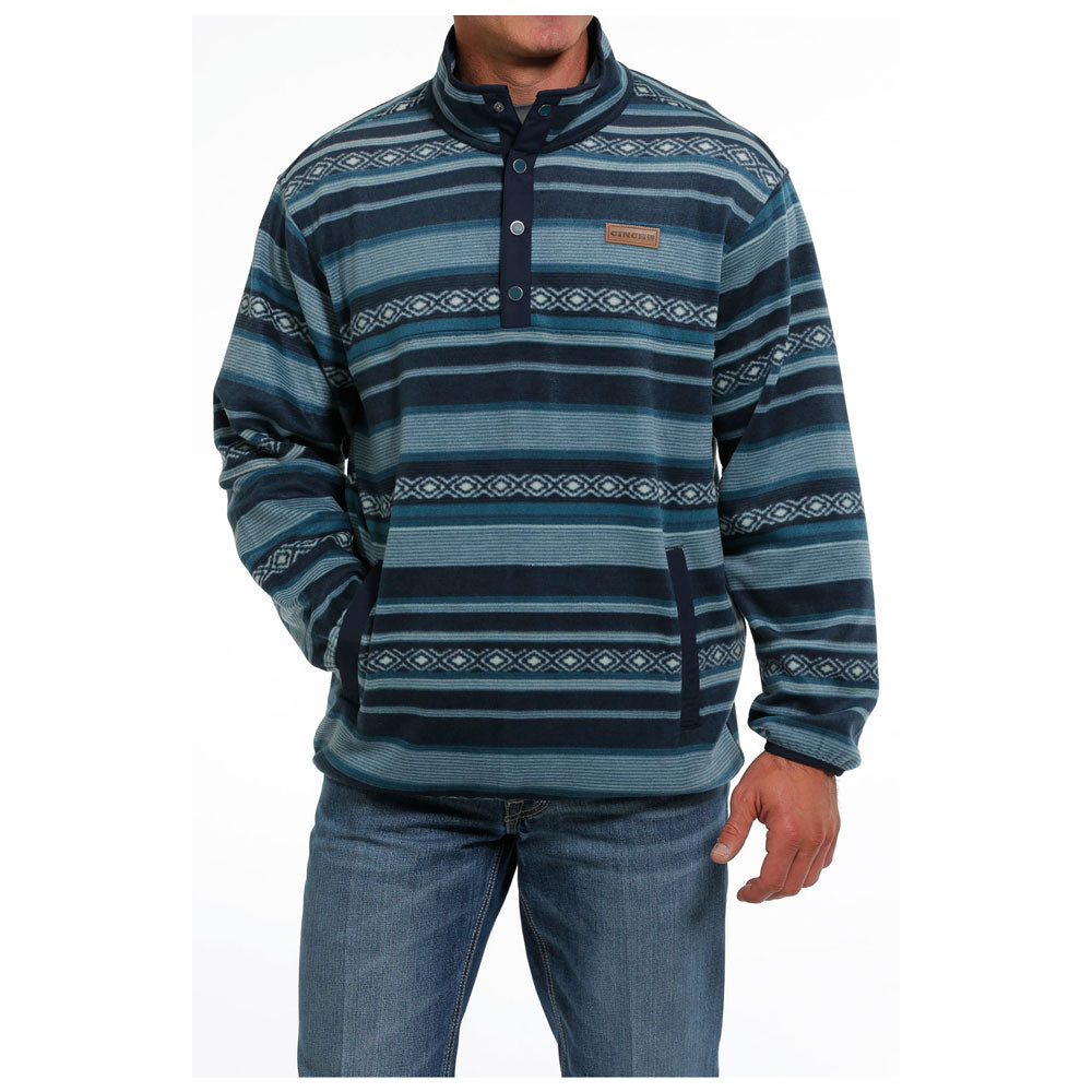 MWK1514021 Cinch Men's Polar Fleece Pullover Top - Blue with Teal Green Striped Print