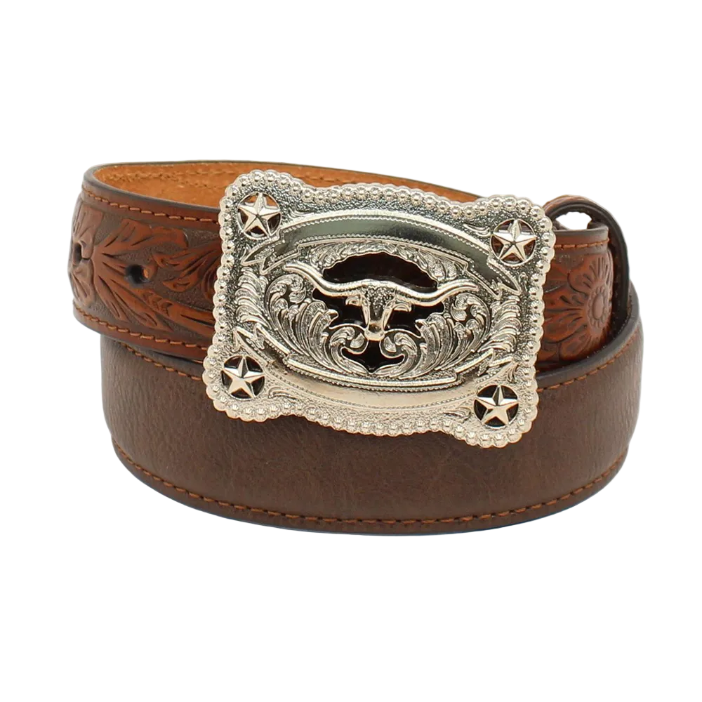 N4428602 Nocona Boy's Western Belt with Floral Embossed Tabs and Buckle - Brown