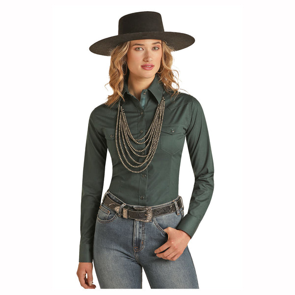 PWN2S02613 Panhandle Women's Long Sleeve Solid Stretch Snap Shirt - Evergreen
