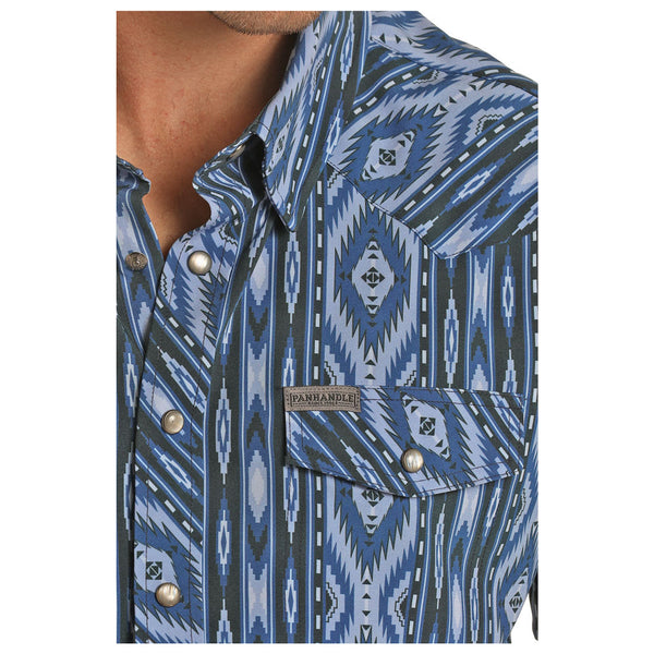 TMN3S04293 Rock & Roll Men's Short Sleeve Performance Blue Print Western Snap Shirt