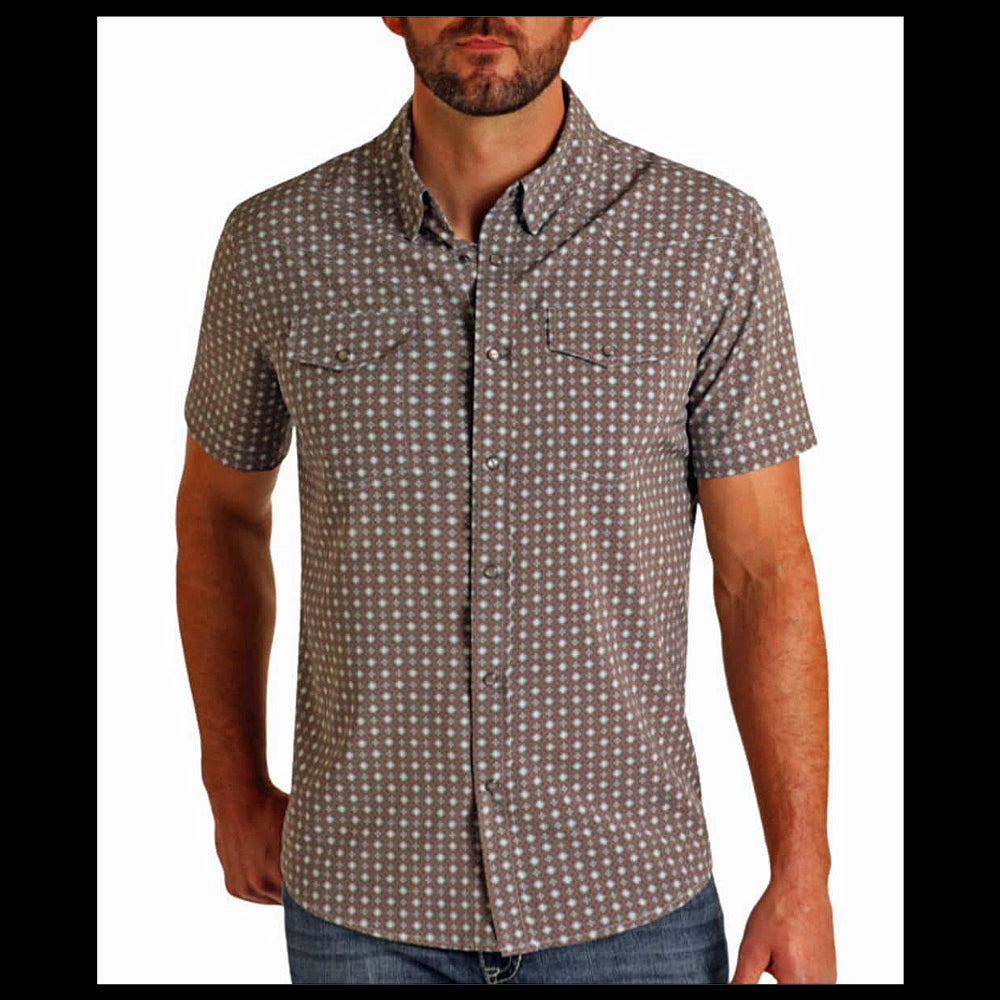 TMN3S05701 Rock & Roll Men's Short Sleeve Snap Shirt - Dark Grey Geometric Print