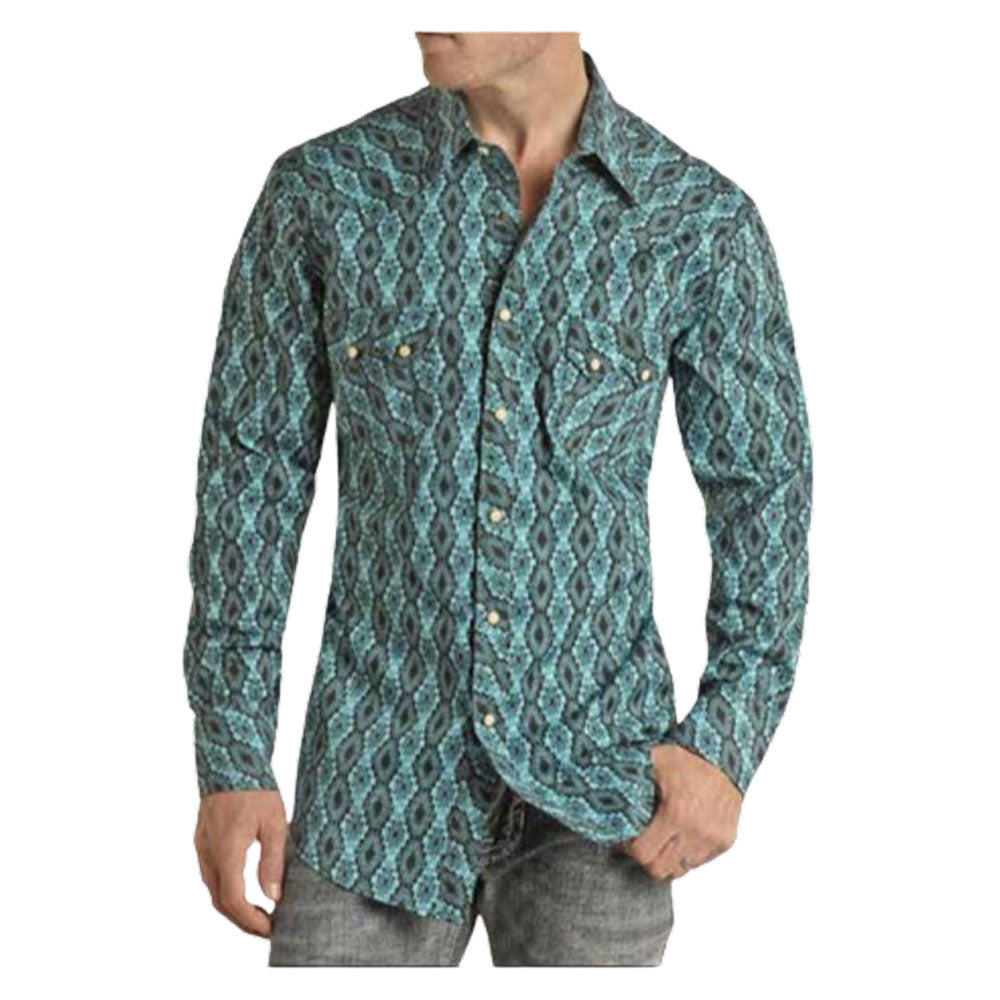VMN2S02532 Panhandle Men's Long Sleeve Aztec Vintage Shirt - Turquoise