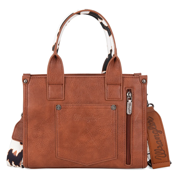WG-HB-133-8120S-BR Wrangler Cow Print Concealed Carry Tote / Crossbody Purse - Brown