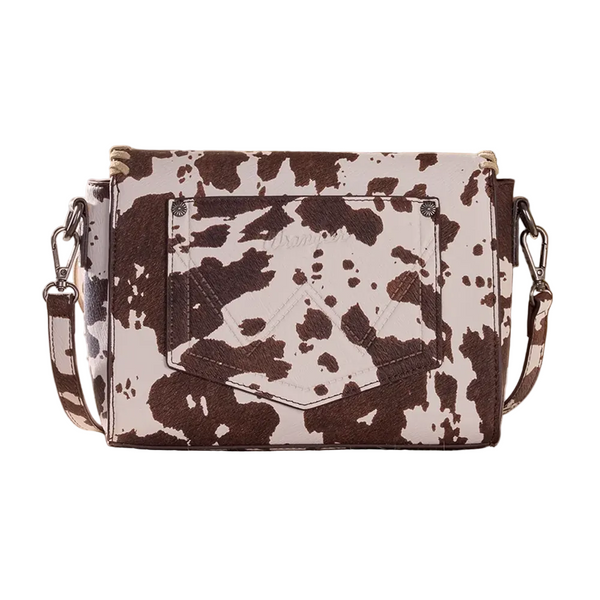WG-HB-444-1818-CF Wrangler Cow Print Fringe Crossbody Bag Purse - Coffee