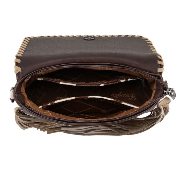 WG-HB-444-1818-CF Wrangler Cow Print Fringe Crossbody Bag Purse - Coffee