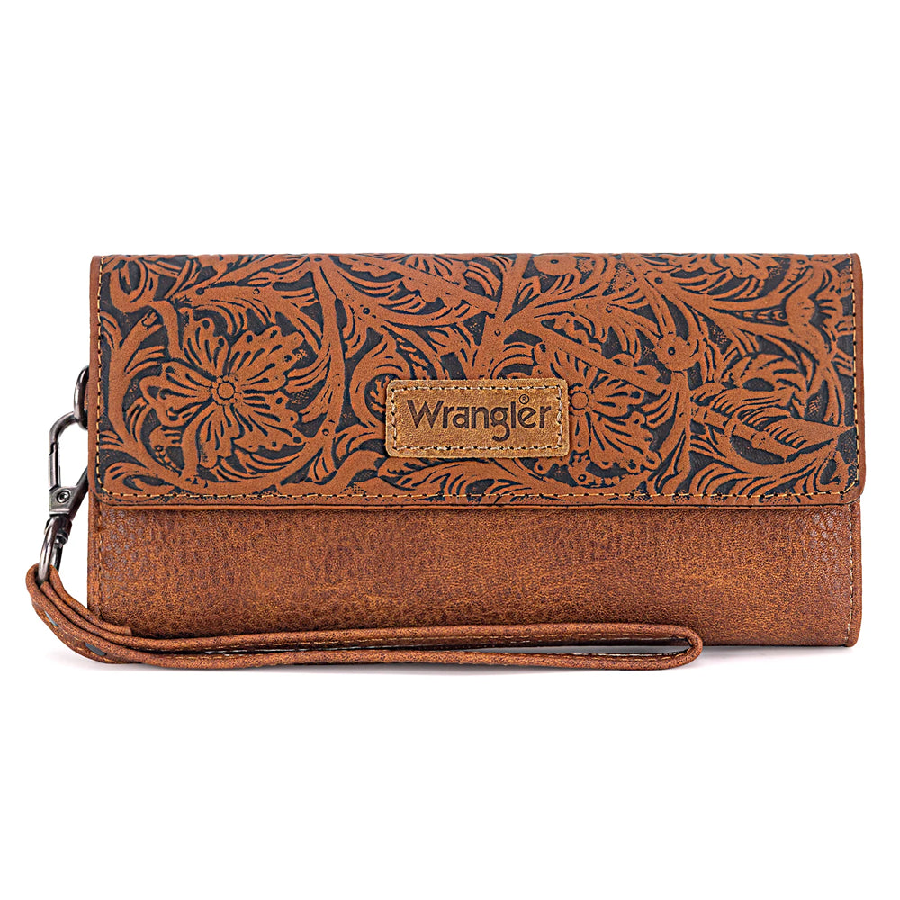 WG196-W056 Wrangler Western Floral Tooled Wristlet RFID Wallet - Brown