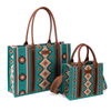 WG2203-1920TQ Wrangler Southwest Print Large Tote & Small Canvas Tote / Crossbody 2 Piece Set- Turquoise