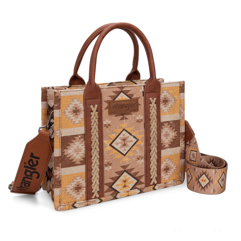 WG2209-8120S Wrangler Aztec Pattern Dual Sided Print- Tote Crossbody Bag - Light Brown