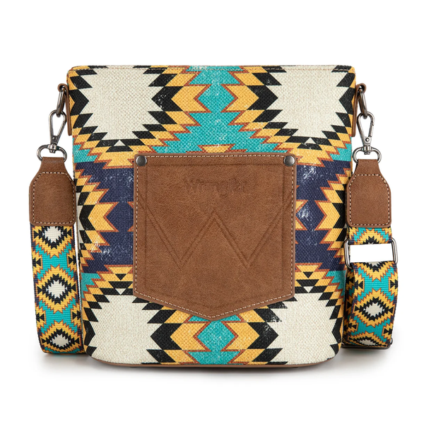 WG221-8360GN Wrangler Aztec Distressed Print Dual Sided Print Crossbody - Green
