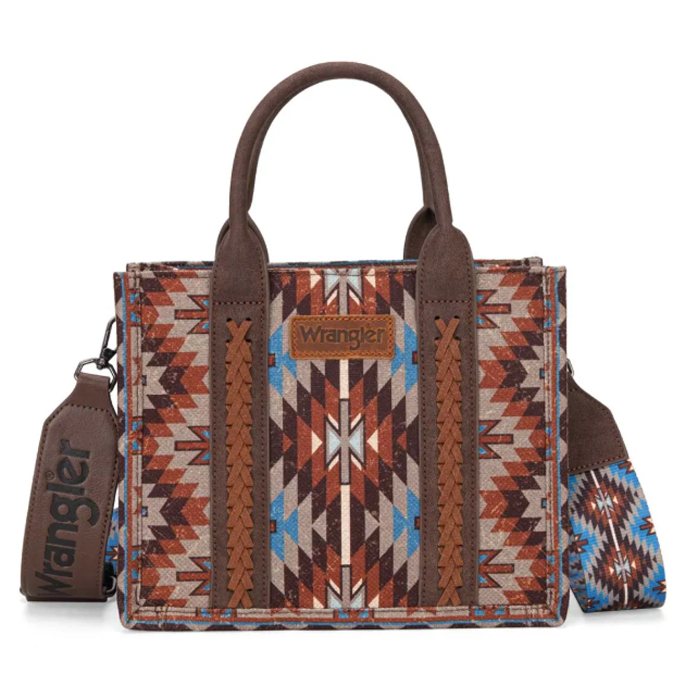 WG2213-8120SCF Wrangler Southwestern Pattern Dual Sided Print Tote Crossbody Bag - Coffee