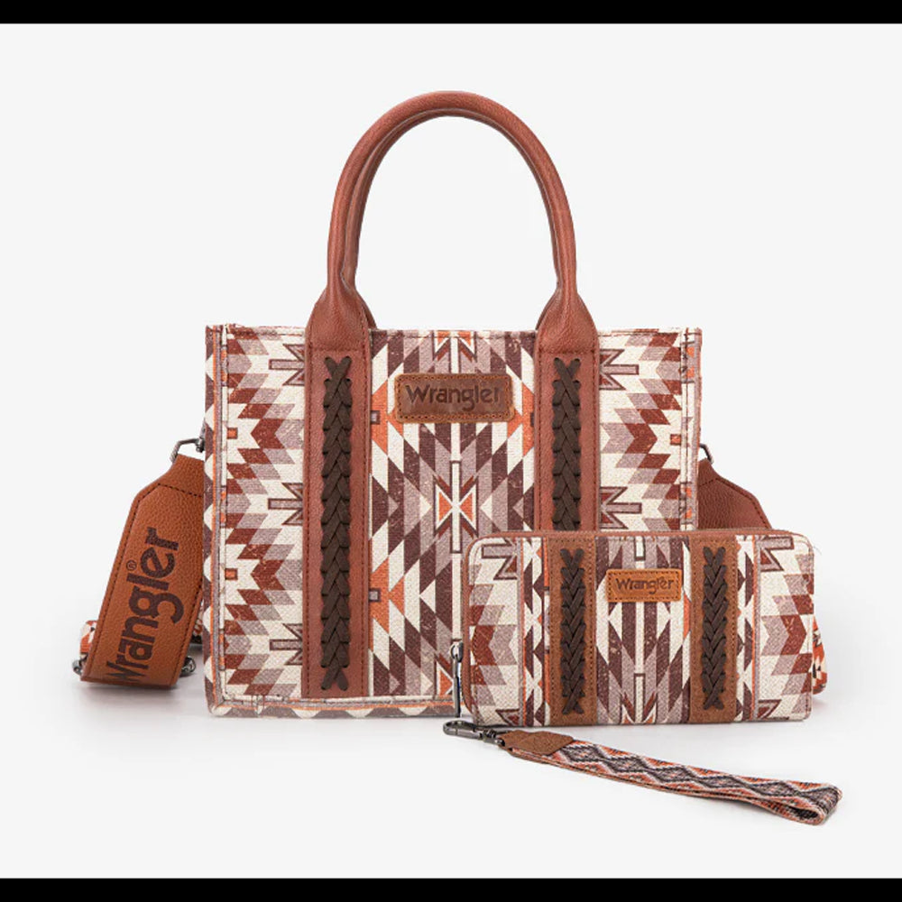 WG2213-8120SBR Wrangler Southwestern Pattern Dual Sided Print Tote Crossbody Bag - Brown