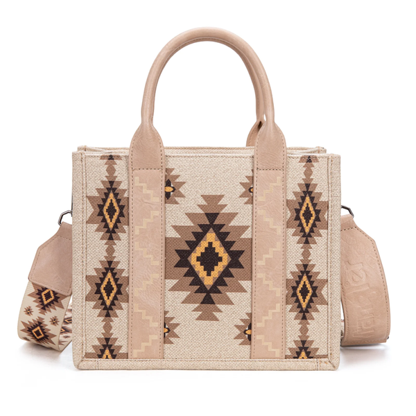 WG226-8120STN Wrangler Southwestern Pattern Dual Sided Print Tote Crossbody Bag - Tan