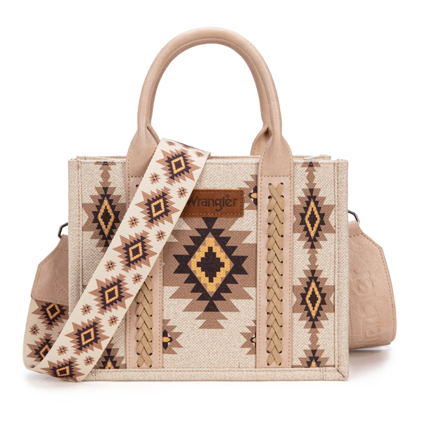 WG226-8120STN Wrangler Southwestern Pattern Dual Sided Print Tote Crossbody Bag - Tan